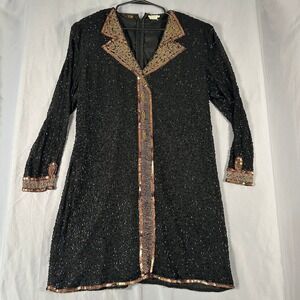 Eve's Allure Beaded Silk Dress Women Large‎ Black Gold Sequin Vintage